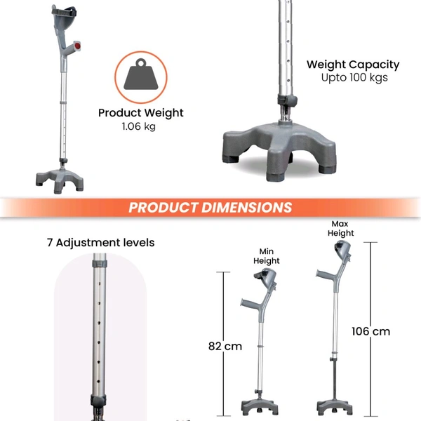 Astra Max Elbow Crutch Quadripod Base With Height Adjustable & Movable Elbow Support, Light Weight (