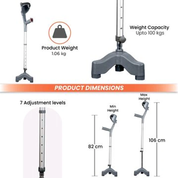 Astra Max Elbow Crutch Tripod Base With Height Adjustable & Movable Elbow Support, Light Weight