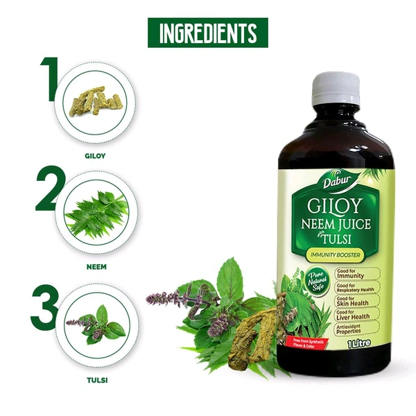 Dabur Giloy Neem Tulsi Juice for Immunity, Respiratory, Skin & Liver Health - 1Ltr.
