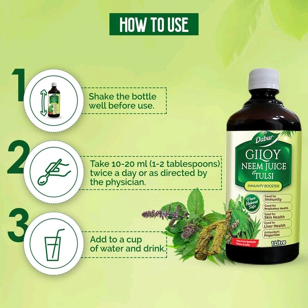 Dabur Giloy Neem Tulsi Juice for Immunity, Respiratory, Skin & Liver Health - 1Ltr.
