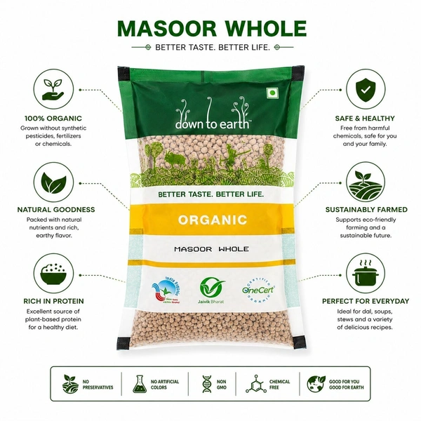 Down To Earth Organic Masoor Whole 1 Kg