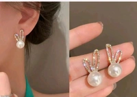 Two Wear Way Contrast Color Metal Chic Simple Rabbit Ear Pearls Stud Earrings