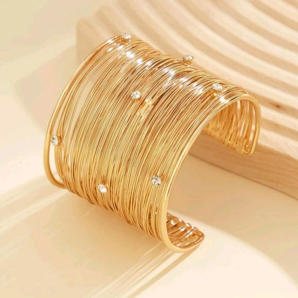 Silver Zirconia Studded Gold Open Free-Size Adjustable Hand Cuff Bracelet