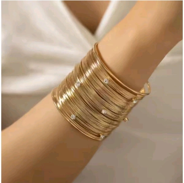 Silver Zirconia Studded Gold Open Free-Size Adjustable Hand Cuff Bracelet