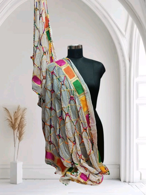 Elegant Womens Phulkari Embroidered with Mirror Work Dupptta - White, 2