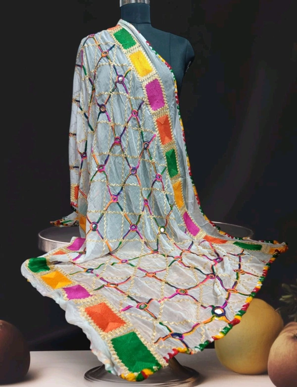 Elegant Womens Phulkari Embroidered with Mirror Work Dupptta - White, 2