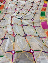 Elegant Womens Phulkari Embroidered with Mirror Work Dupptta - White, 2