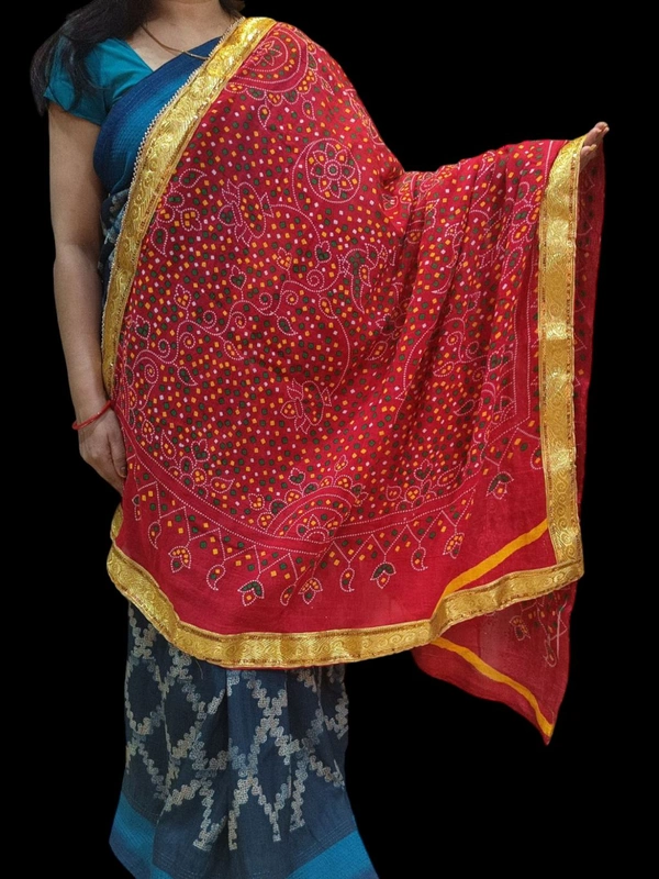 Ethnic Pure Cotton Four Side Lace Bandhani Chunri For Pooja And Wedding - Red