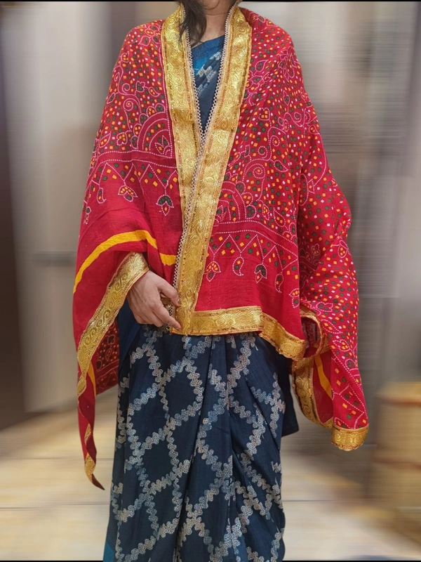 Ethnic Pure Cotton Four Side Lace Bandhani Chunri For Pooja And Wedding - Red