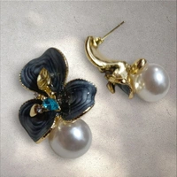 Enamel Flower Pearl Earring Drop