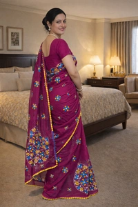 SKU1521 : Resham Check Kathiyawadi Saree with Crochet Border | Traditional Gujarati Handcrafted Ethnic Wear - Dry Clean, Yes