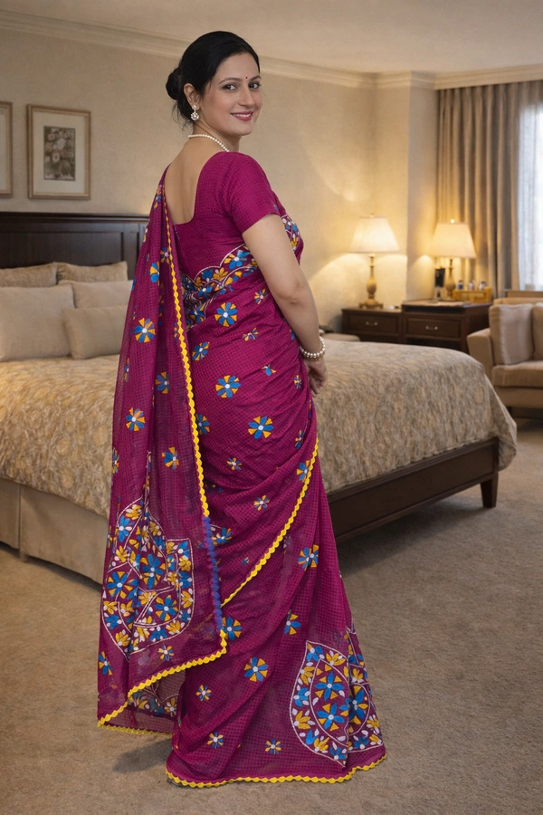 SKU1521 : Resham Check Kathiyawadi Saree with Crochet Border | Traditional Gujarati Handcrafted Ethnic Wear - Dry Clean, Yes