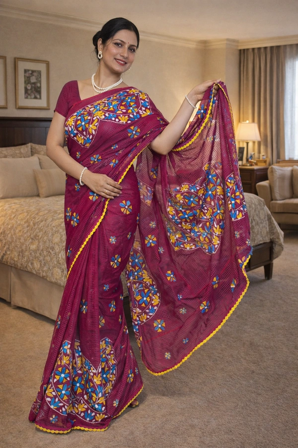 SKU1521 : Resham Check Kathiyawadi Saree with Crochet Border | Traditional Gujarati Handcrafted Ethnic Wear - Dry Clean, Yes