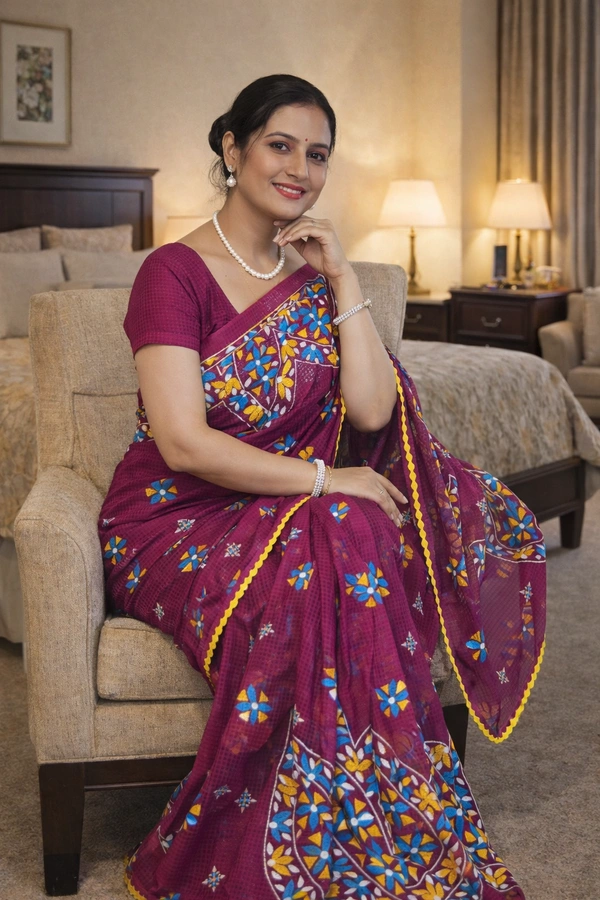 SKU1521 : Resham Check Kathiyawadi Saree with Crochet Border | Traditional Gujarati Handcrafted Ethnic Wear - Dry Clean, Yes