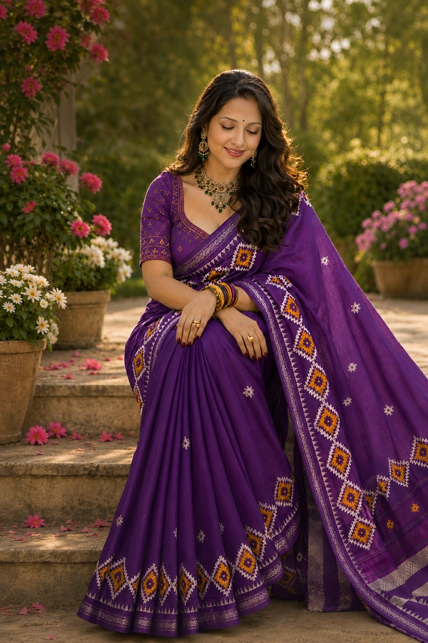 SKU1460 : Khadi Cotton Saree with Gujrati Work - Dry Wash, Yes