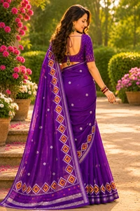 SKU1460 : Khadi Cotton Saree with Gujrati Work - Dry Wash, Yes