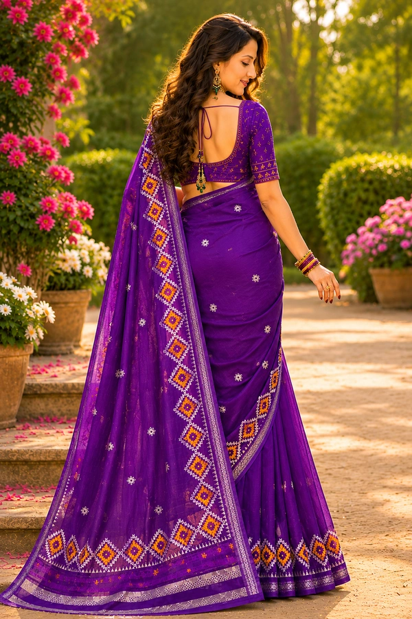 SKU1460 : Khadi Cotton Saree with Gujrati Work - Dry Wash, Yes
