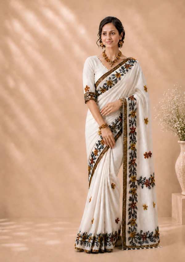 SKU1528 : Khadi Tant with Kalamkari Applic Work - Dry Clean, Yes