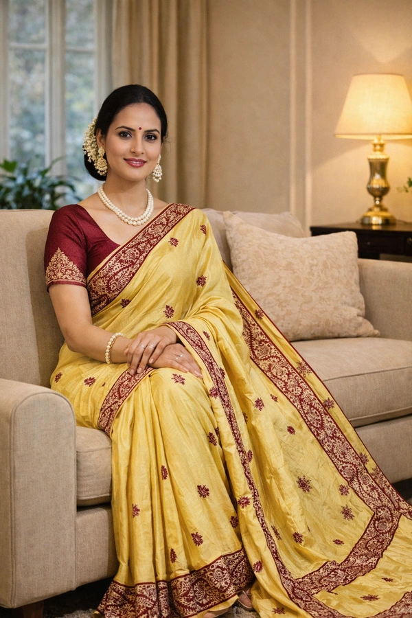 SKU1529 : Pure Silk Saree with Kashmiri Stitch Work | Luxury Handcrafted Festive & Wedding Wear - Dry Clean, Yes