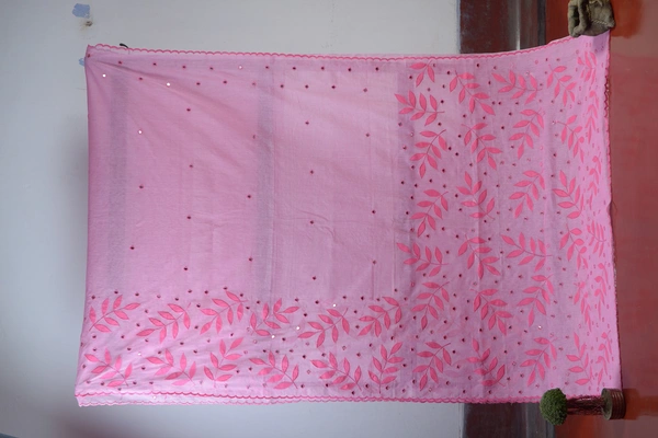 SKU0381 : Pure Cotton Saree – Handwoven, Lightweight & Breathable Fabric | Applic  Wirh Mirror Work - Pink, Floral, Dry Clean Only, Yes