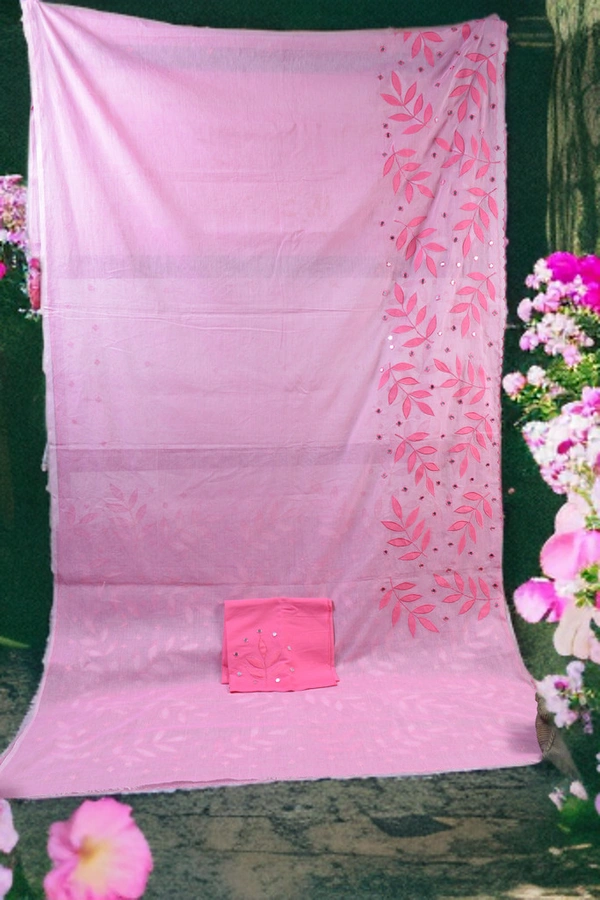 SKU0381 : Pure Cotton Saree – Handwoven, Lightweight & Breathable Fabric | Applic  Wirh Mirror Work - Pink, Floral, Dry Clean Only, Yes