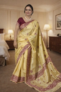 SKU1530 : Bapta Tussar Silk Saree with Wax Batik & Hand Stitch Work | Artistic Handcrafted Festive Wear - Dry Clean, Yes