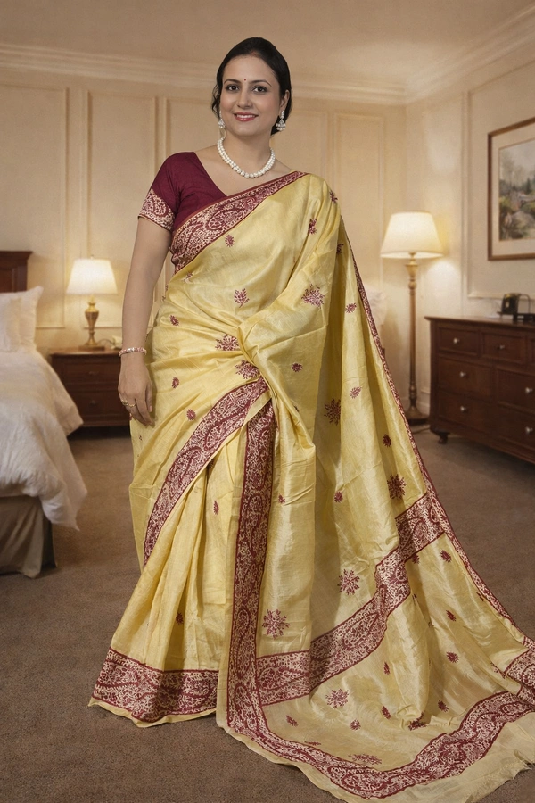 SKU1530 : Bapta Tussar Silk Saree with Wax Batik & Hand Stitch Work | Artistic Handcrafted Festive Wear - Dry Clean, Yes