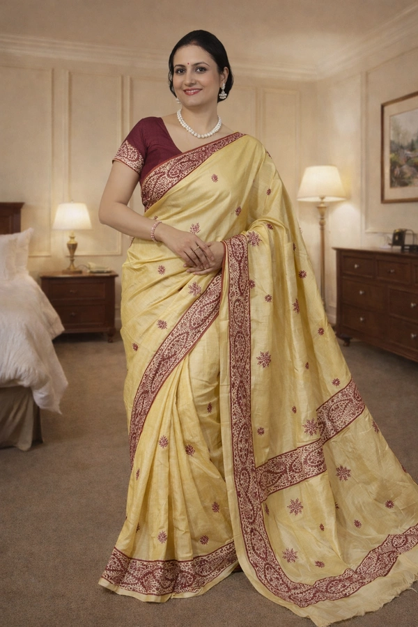 SKU1530 : Bapta Tussar Silk Saree with Wax Batik & Hand Stitch Work | Artistic Handcrafted Festive Wear - Dry Clean, Yes