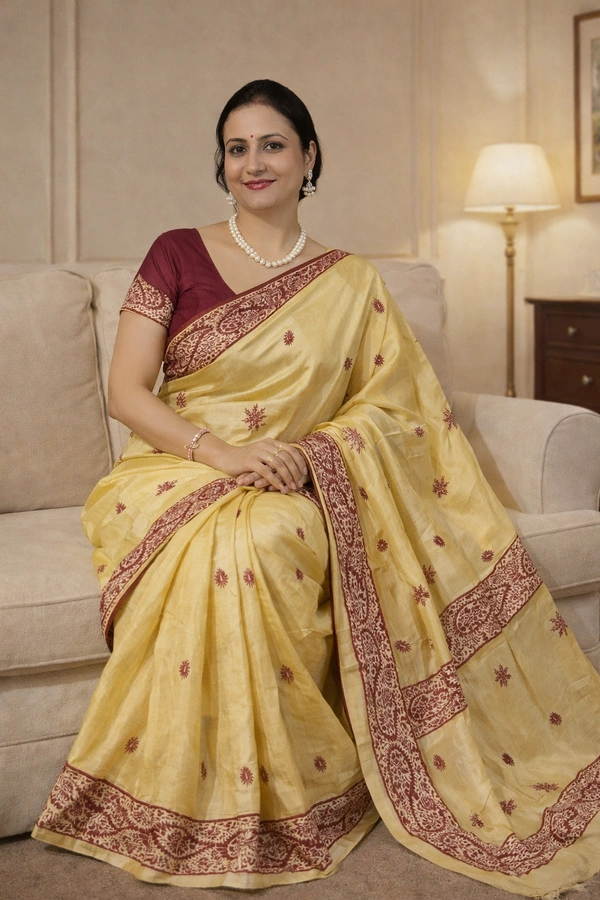 SKU1530 : Bapta Tussar Silk Saree with Wax Batik & Hand Stitch Work | Artistic Handcrafted Festive Wear - Dry Clean, Yes
