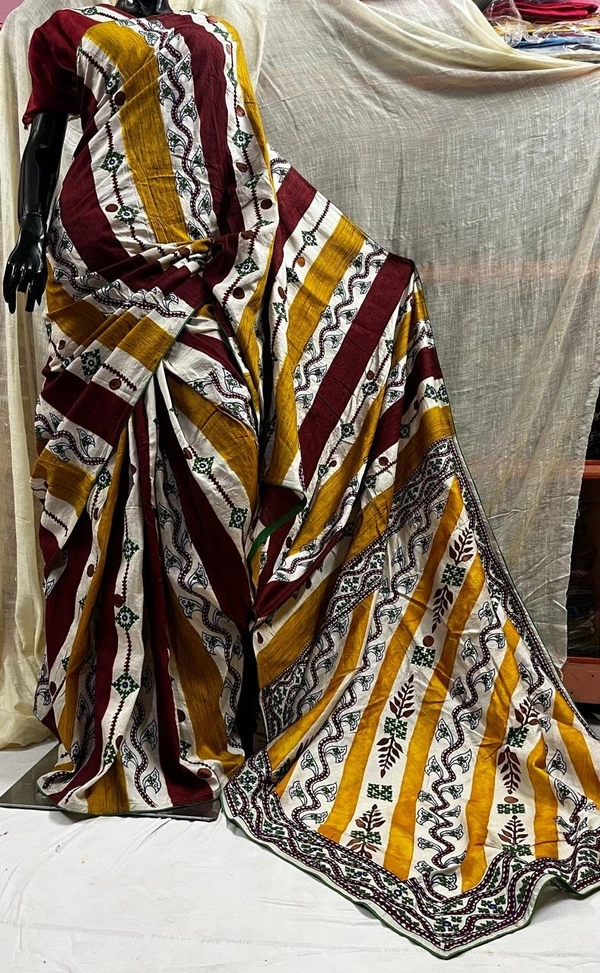 SKU1513 : Ketia Tussar Silk with Traditional Gujarati Handwork | Elegant Festive & Wedding Wear Saree