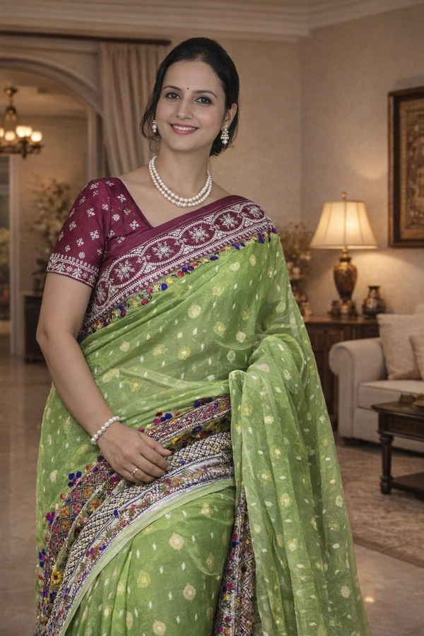 SKU1535 : Bishnupuri Silk Saree with Kashmiri Stitch Work | Handcrafted Luxury Festive & Wedding Wear - Dry Clean, Yes