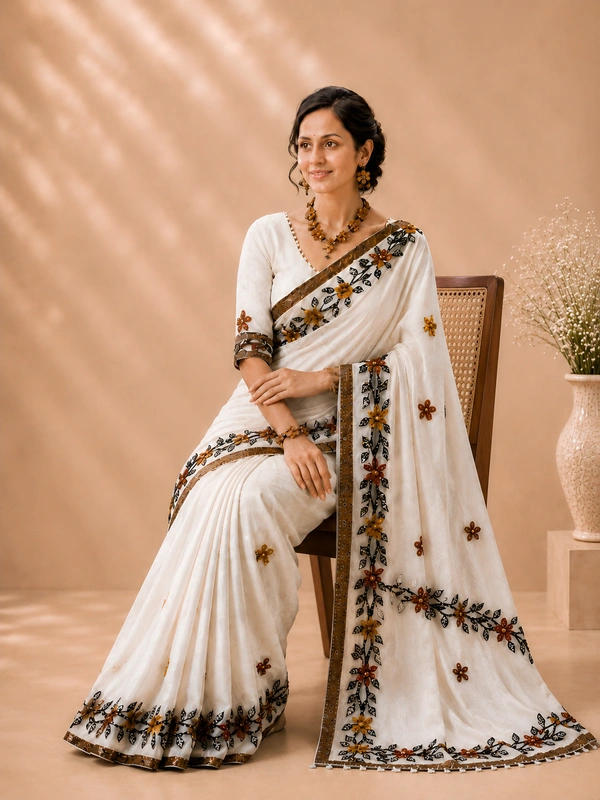 SKU1528 : Khadi Tant with Kalamkari Applic Work - Dry Clean, Yes