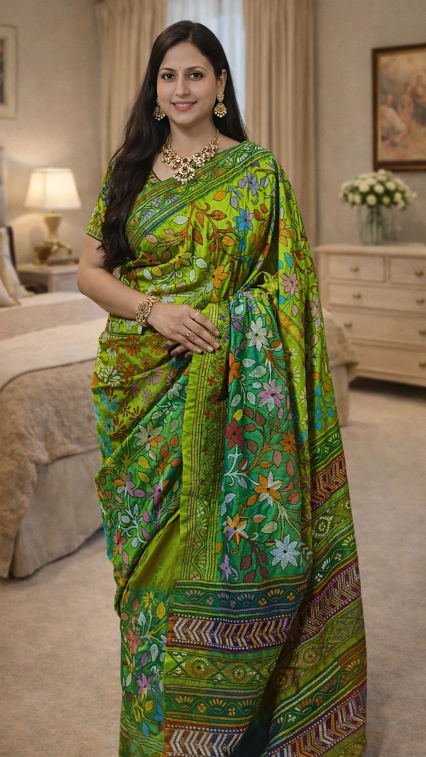 SKU1540 : Bishnupure Silk Saree with Allover Kantha Stitch | Handcrafted Premium Festive & Wedding Wear - Dry Clean, Yes