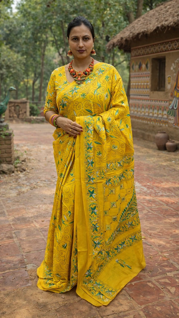 SKU1388 : Blended Bangalore Silk with Handcrafted Kantha Stitch - Dry Wash, Yes