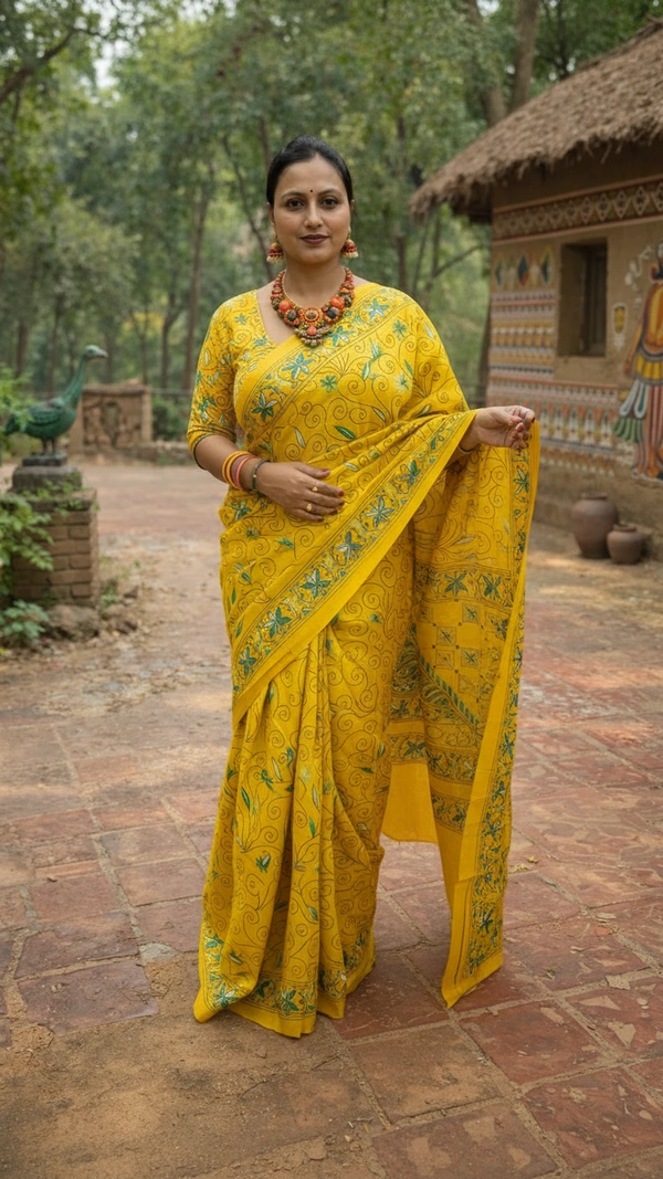 SKU1388 : Blended Bangalore Silk with Handcrafted Kantha Stitch - Dry Wash, Yes
