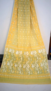SKU0220 : Pure  Cotton Saree – Handwoven, Lightweight & Breathable Fabric  | Jamdani Buti - Yellow, Buti / Booti, Dry Clean Only, No