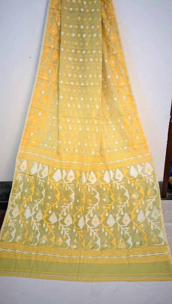 SKU0220 : Pure  Cotton Saree – Handwoven, Lightweight & Breathable Fabric  | Jamdani Buti - Yellow, Buti / Booti, Dry Clean Only, No