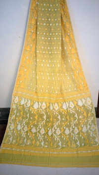 SKU0220 : Pure  Cotton Saree – Handwoven, Lightweight & Breathable Fabric  | Jamdani Buti - Yellow, Buti / Booti, Dry Clean Only, No