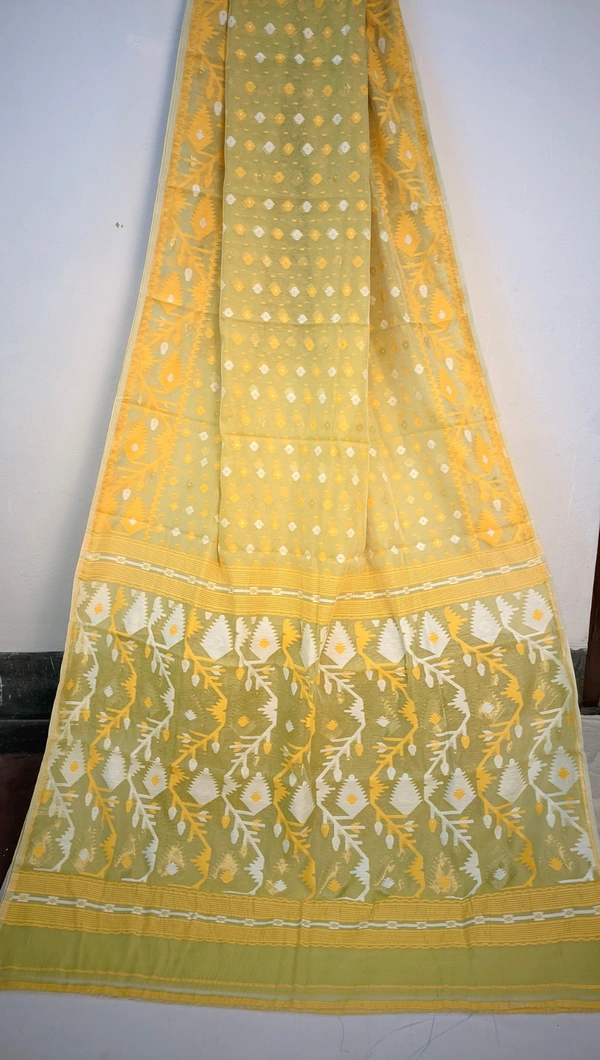 SKU0220 : Pure  Cotton Saree – Handwoven, Lightweight & Breathable Fabric  | Jamdani Buti - Yellow, Buti / Booti, Dry Clean Only, No