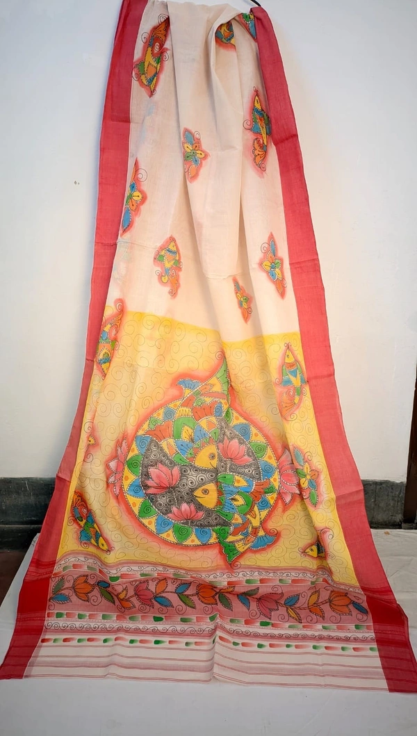 SKU0221 : Pure  Cotton Saree – Handwoven, Lightweight & Breathable Fabric  |  Dhanekhali - Multi Colour, Madhubani / Warli, Dry Clean Only, No