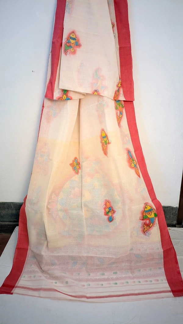 SKU0221 : Pure  Cotton Saree – Handwoven, Lightweight & Breathable Fabric  |  Dhanekhali - Multi Colour, Madhubani / Warli, Dry Clean Only, No