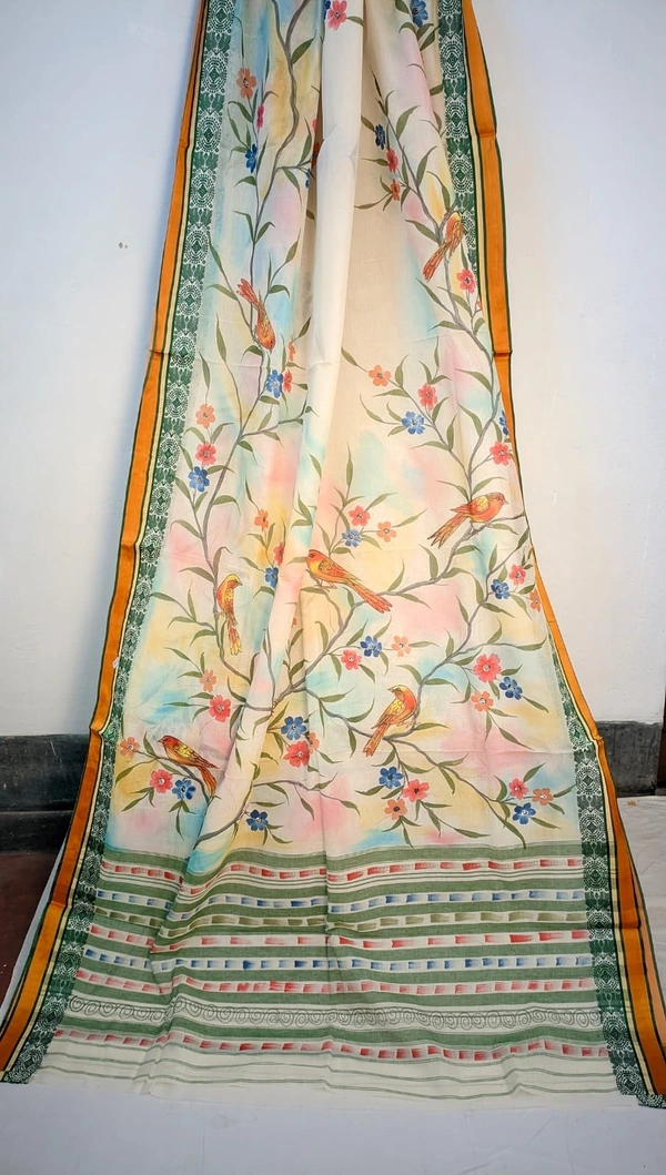 SKU-0222 : Pure  Cotton Saree – Handwoven, Lightweight & Breathable Fabric | Dhnekhali - White, Floral, Dry Clean Only, No