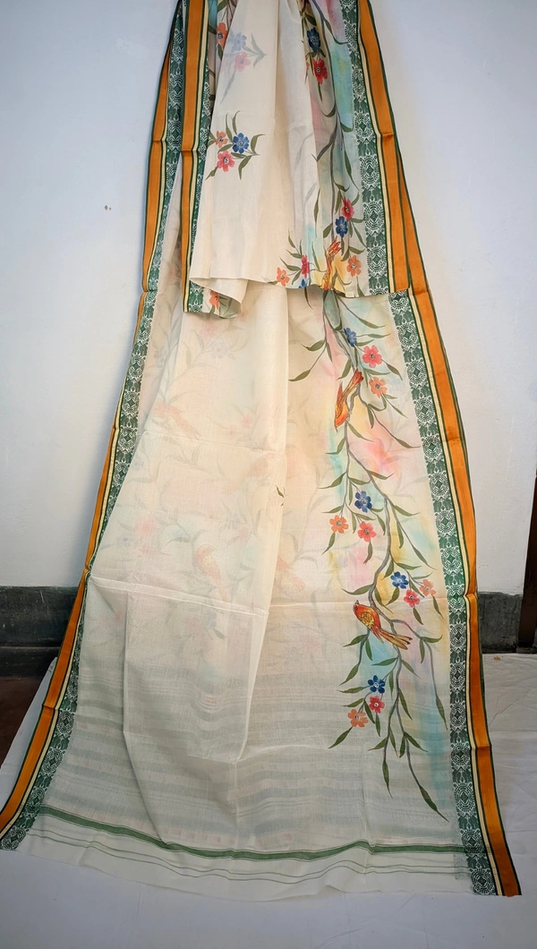 SKU-0222 : Pure  Cotton Saree – Handwoven, Lightweight & Breathable Fabric | Dhnekhali - White, Floral, Dry Clean Only, No