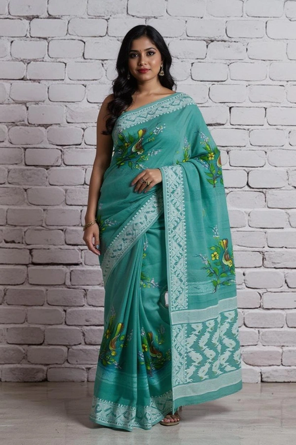 SKU0364 : Elegant Handwoven Jamdani Saree – Traditional Bengali Weave - Bird Motif, Hand Paint, Dry Clean Only, Yes