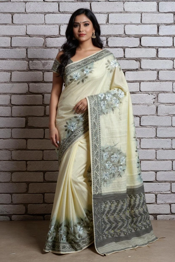 SKU0365 : Elegant Handwoven Jamdani Saree – Traditional Bengali Weave  - Floral, Hand Paint, Dry Clean Only, Yes