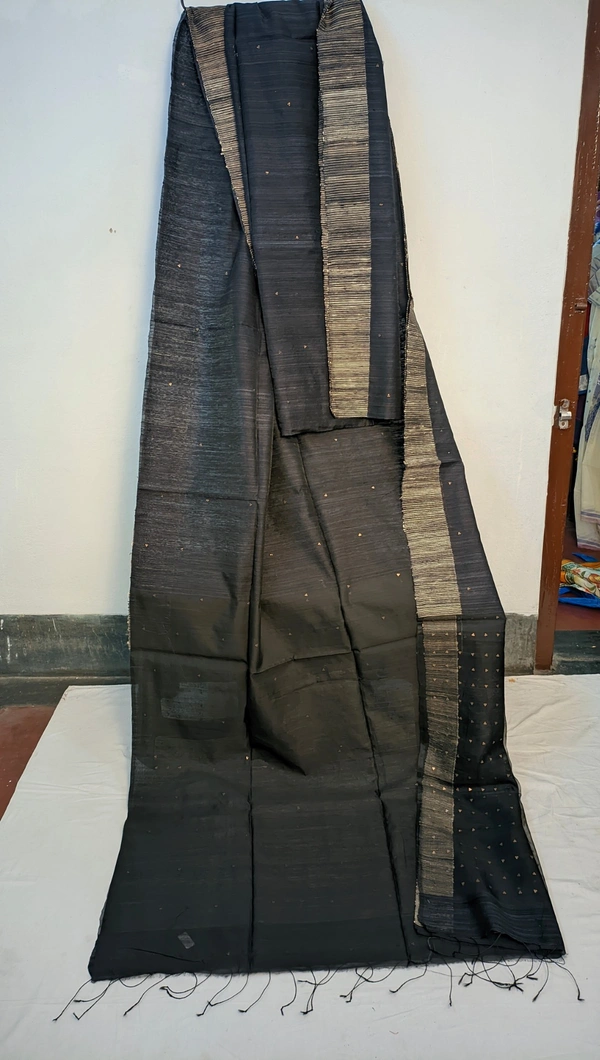 SKU0225 : Elegant Handwoven Silk Matka Ghicha Saree – Traditional Bengal Weave  - Black, Dry Clean Only, Yes