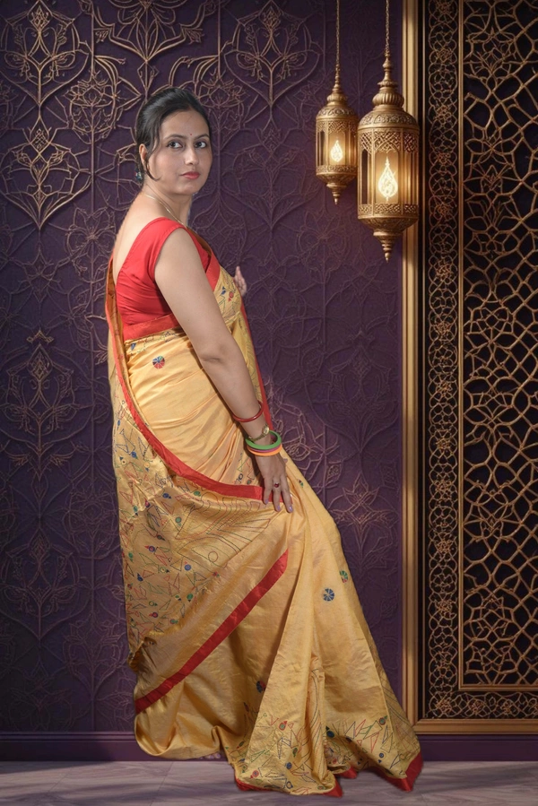 SKU-0755 : Pure Silk Kantha Stitch Saree – Handcrafted Bengal - Dry Wash, Yes