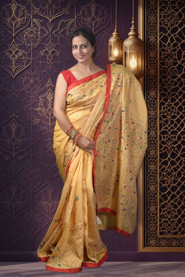 SKU-0755 : Pure Silk Kantha Stitch Saree – Handcrafted Bengal - Dry Wash, Yes