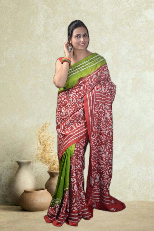 SKU-0758 : Pure Silk Kantha Stitch Saree – Handcrafted Bengal - Dry Wash, Yes