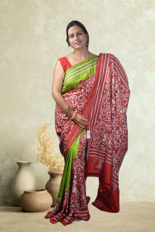 SKU-0758 : Pure Silk Kantha Stitch Saree – Handcrafted Bengal - Dry Wash, Yes